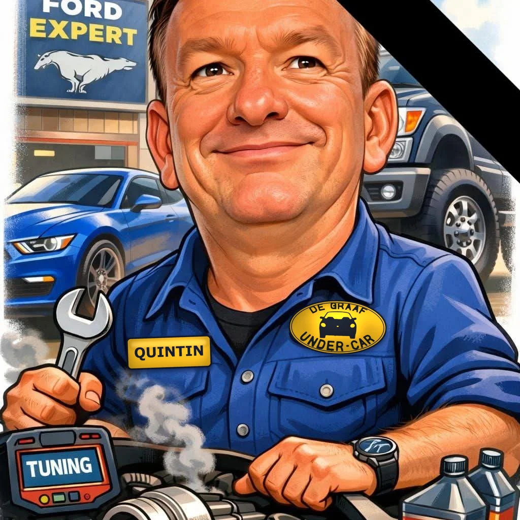 Illustrated portrait of Quintin Koster wearing a De Graaf Under-Car shirt, holding a spanner